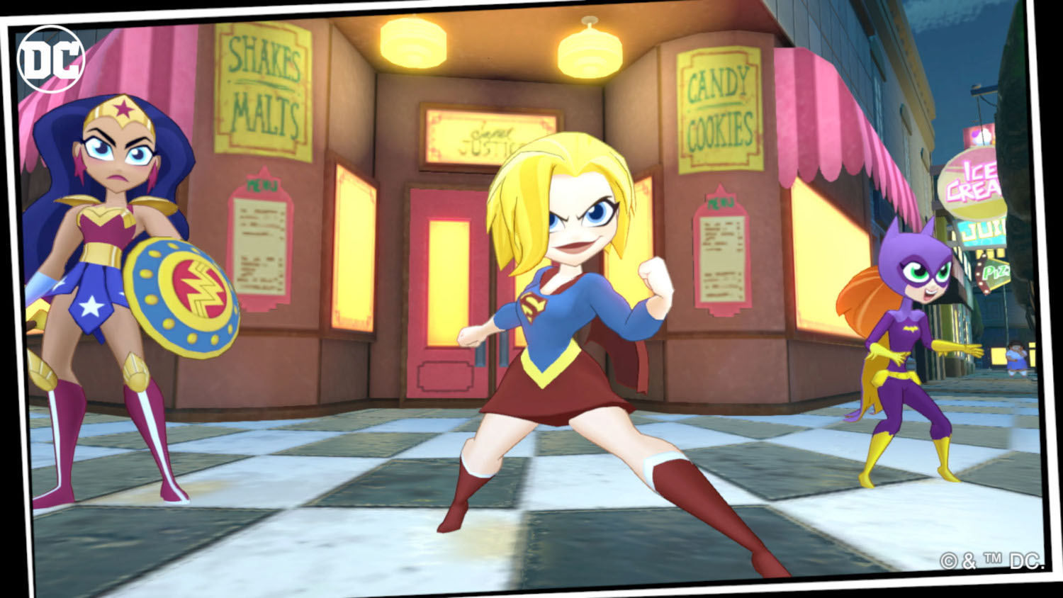 Scène de dessin animé DC Super Hero Girls. Trois personnages en style bande dessinée.