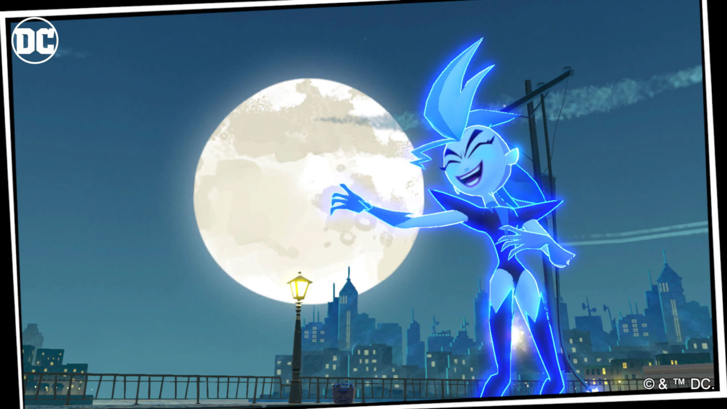 Personnage de dessin animé, peau et cheveux bleus, sur un toit, scène de nuit, pleine lune.