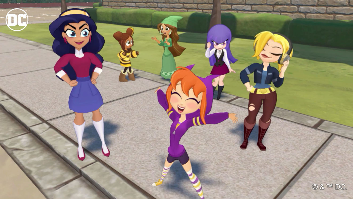 Personnages de dessins animés de DC Superhero Girls, posant sur un trottoir.