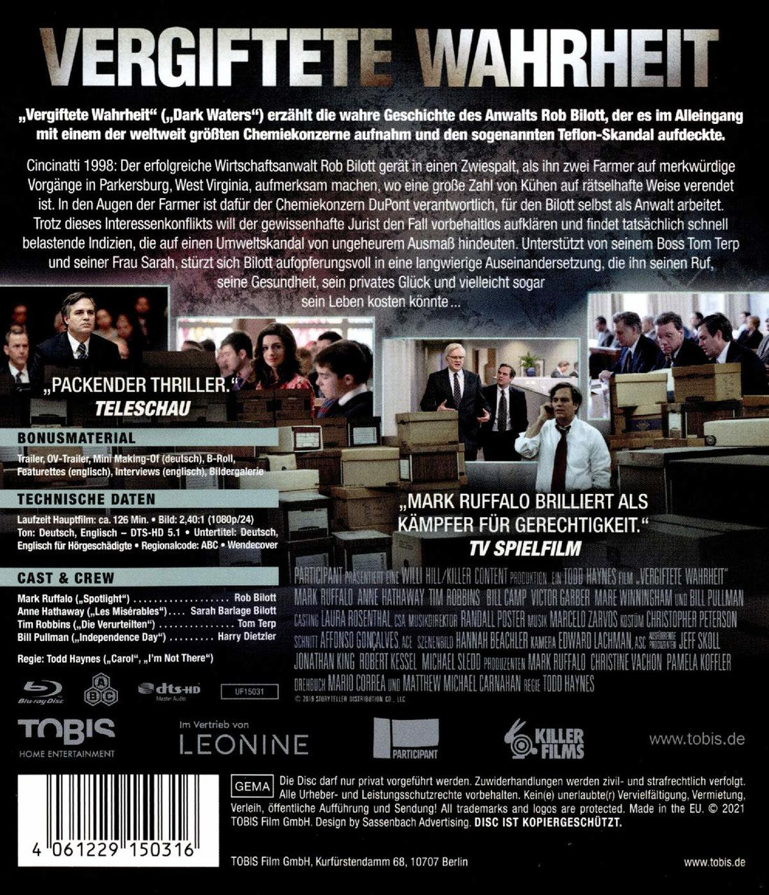 DVD-Hülle mit Text und Bildern zum Film 'Dark Waters'.