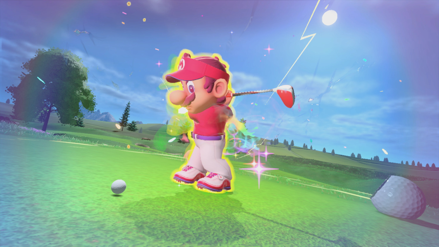 Mario in een golfspel, aan het zwaaien. Felgroene golfbaan en lucht op de achtergrond.