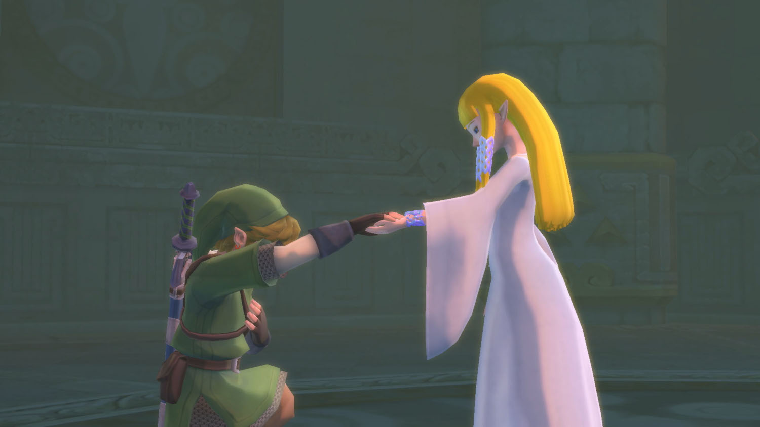 Link en Zelda uit een videogame, handen raken elkaar aan. Zelda draagt een witte jurk.