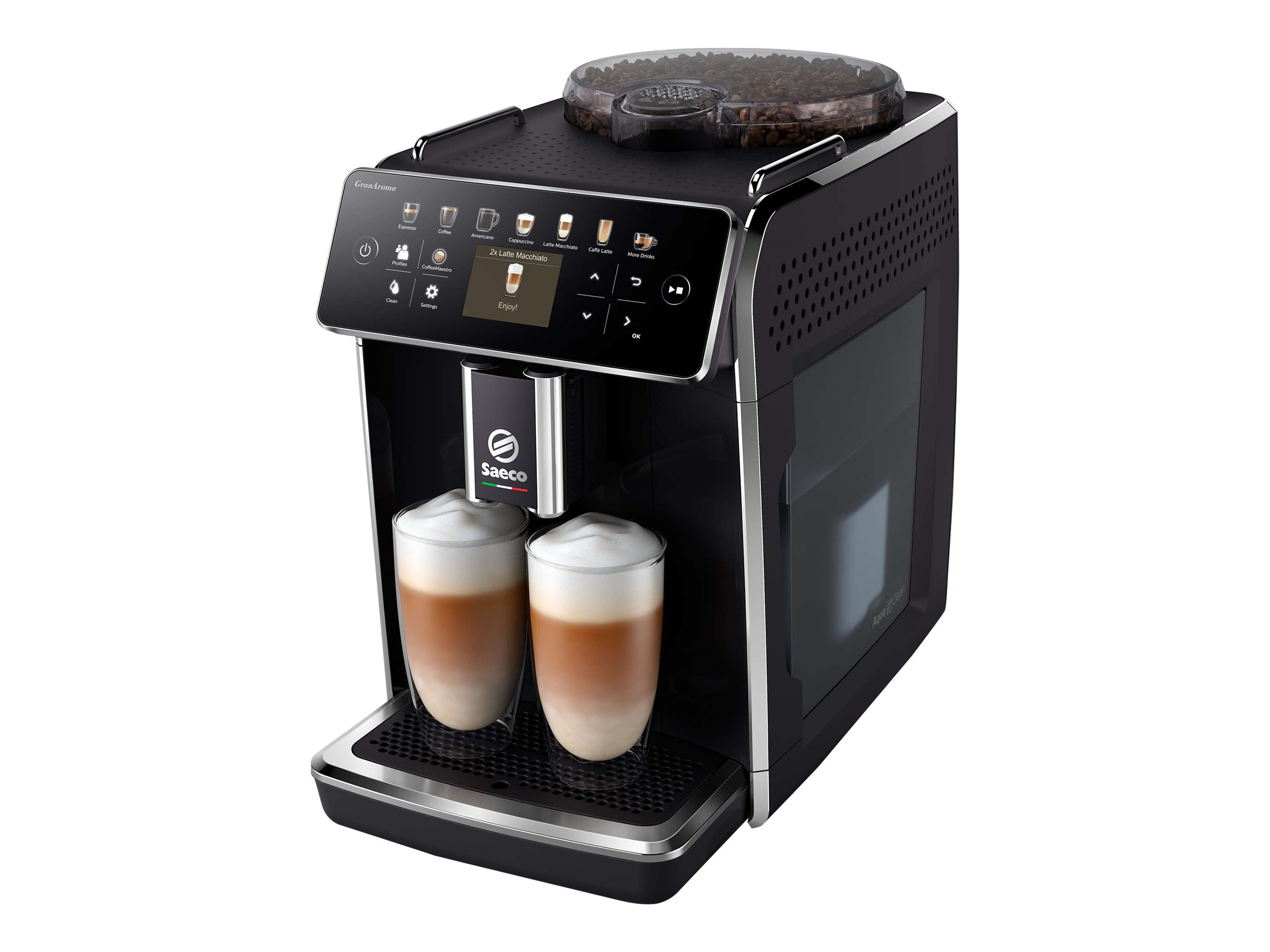 Eine schwarze und silberne Kaffeemaschine mit zwei Latte Gläsern und einem Bildschirm.