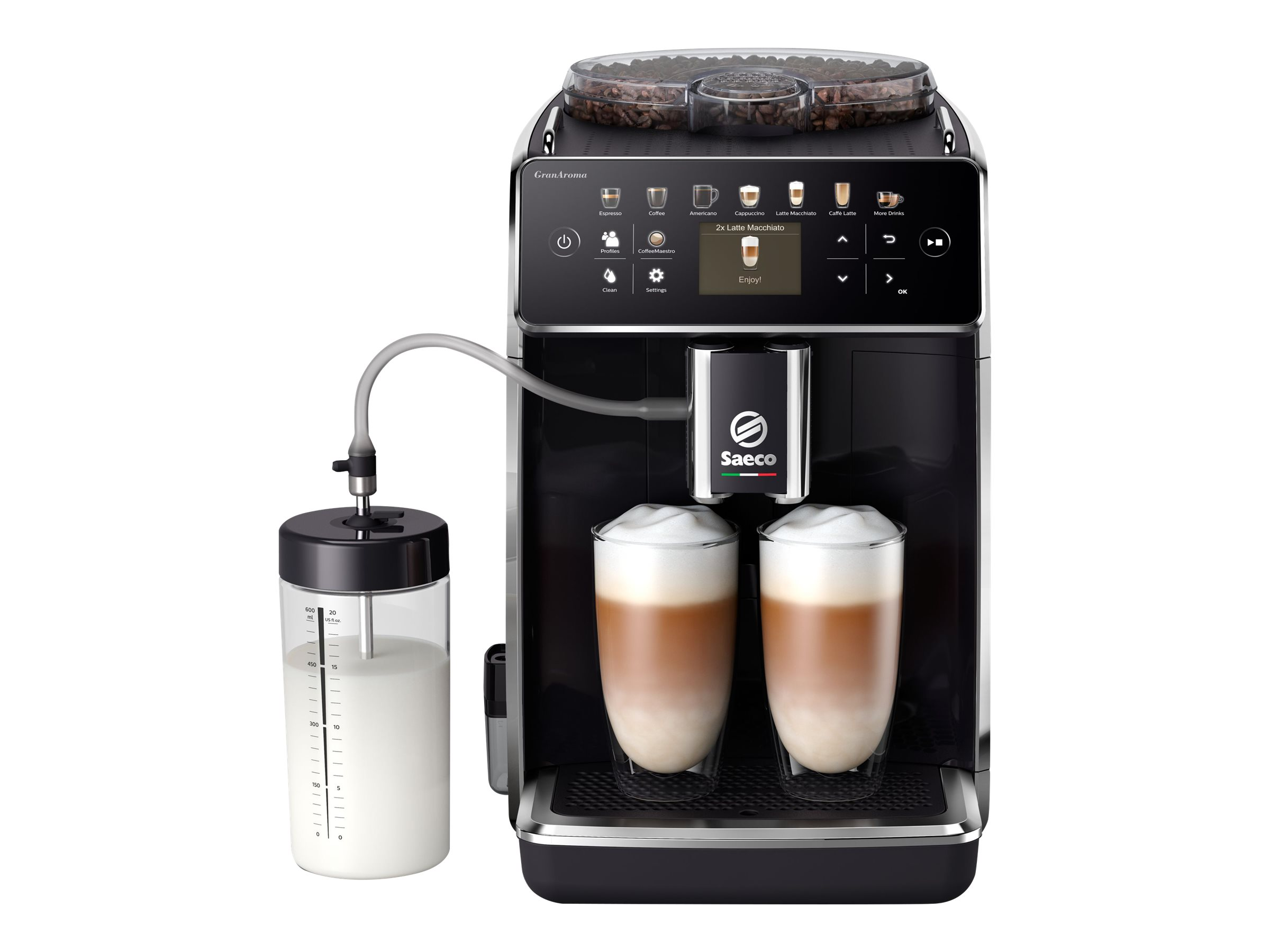 Schwarze Kaffeemaschine mit Milchbehälter und zwei Gläsern Latte Macchiato.