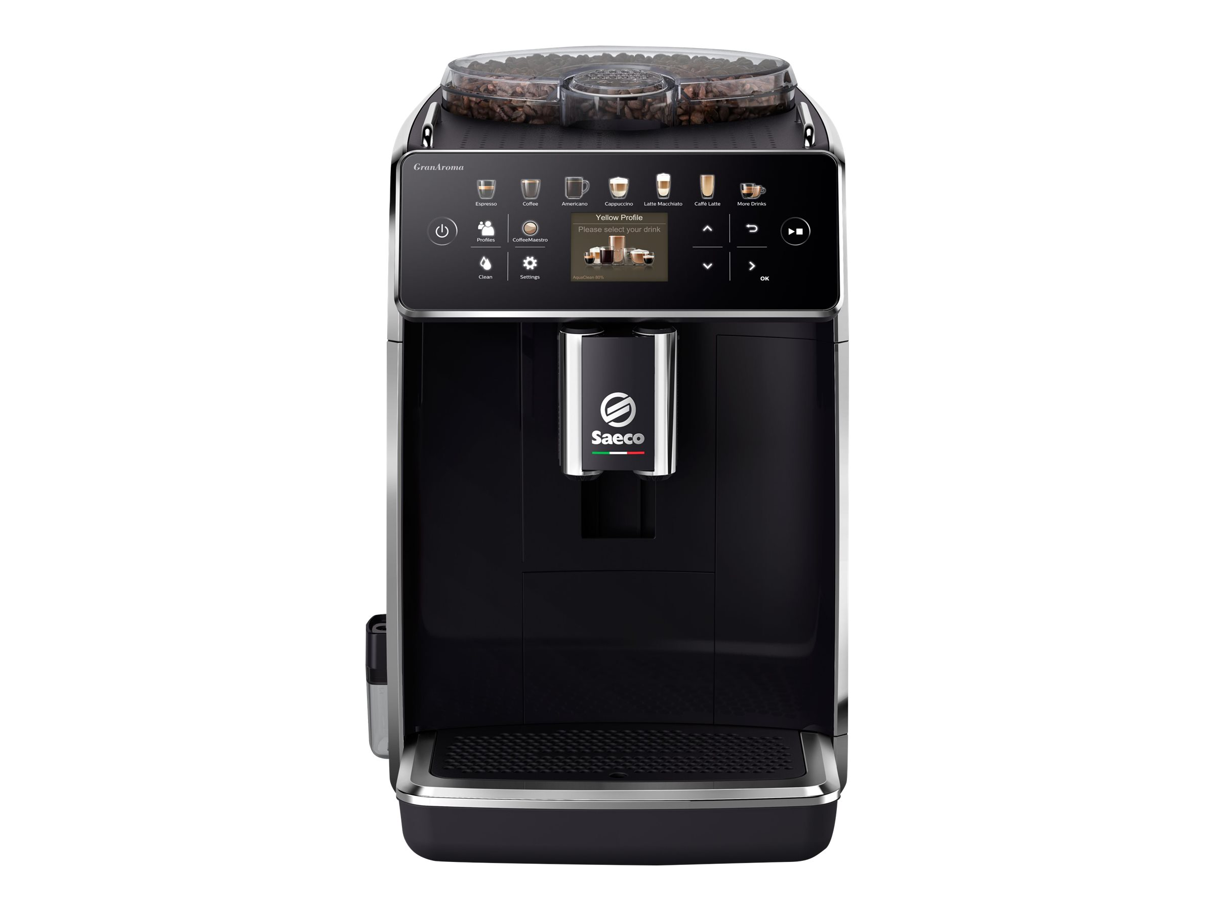 Schwarze Saeco Kaffeemaschine. Sie hat einen Touchscreen und einen Bohnenbehälter.