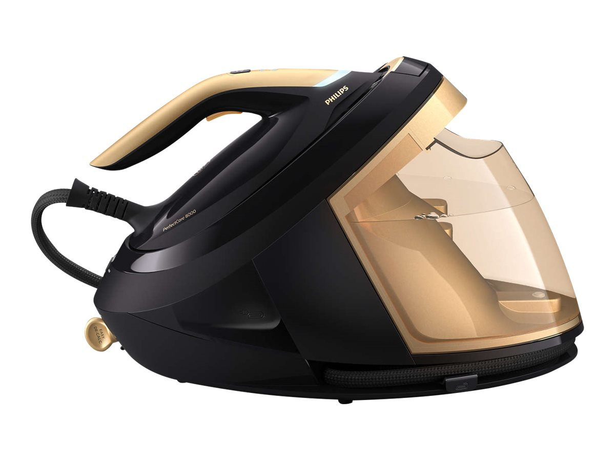 Schwarzes und goldfarbenes Philips Dampfbügeleisen mit Wassertank, auf weißem Hintergrund.
