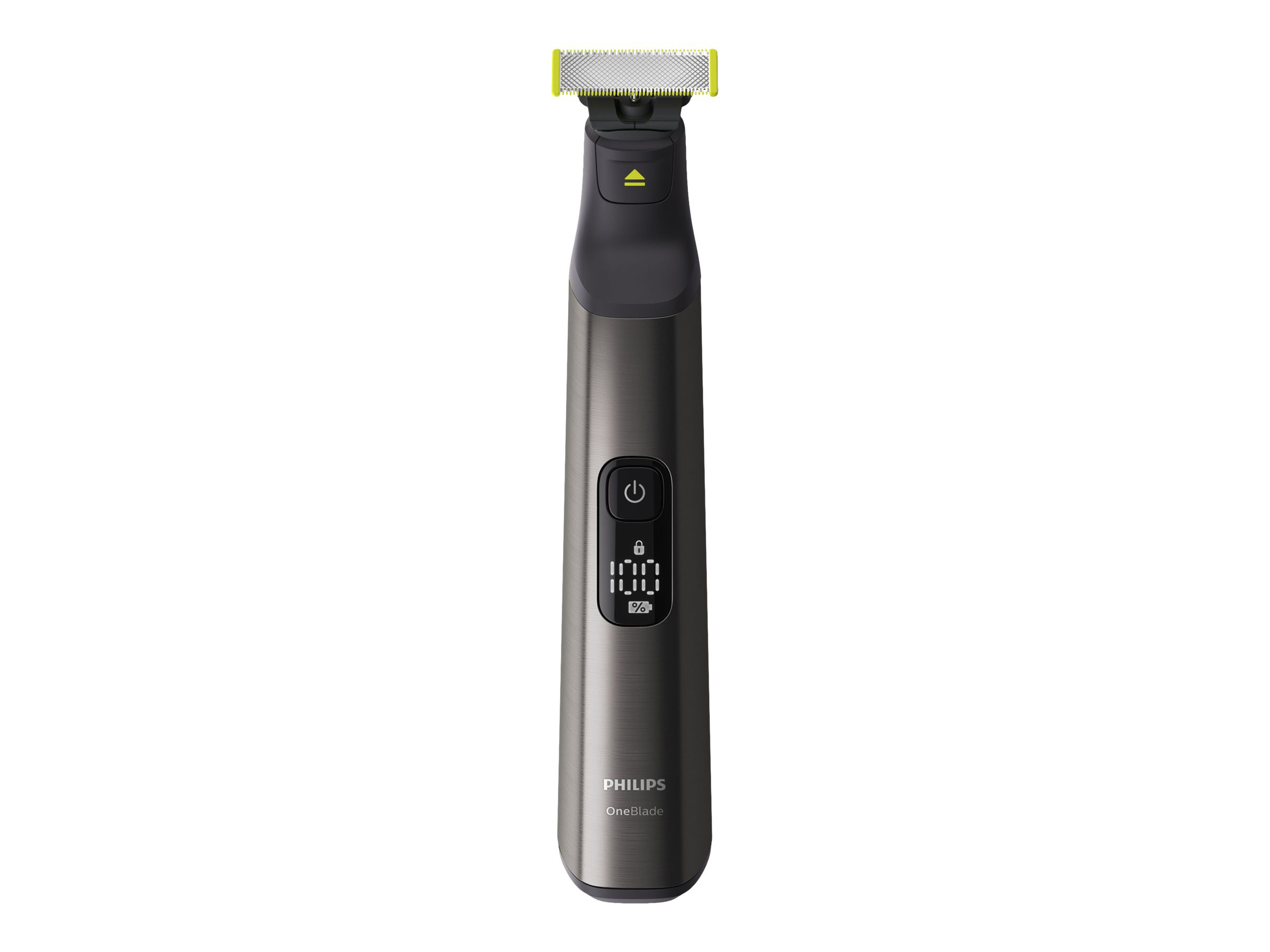 Ein schwarzer und grauer Philips OneBlade Trimmer wird gezeigt, mit digitaler Anzeige.