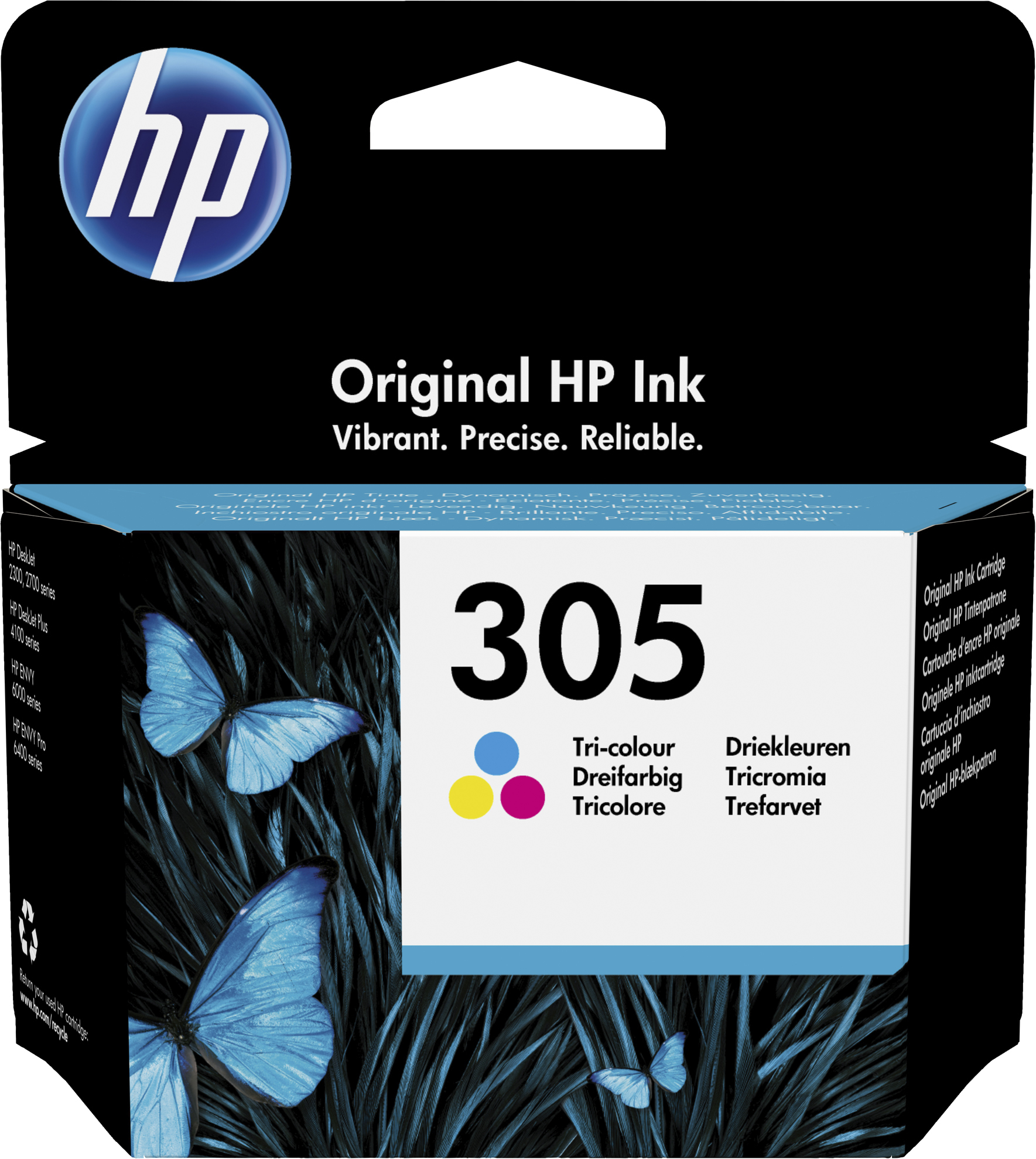 Eine Schachtel mit HP-Tintenpatronen mit Schmetterlingsdesign und Text in mehreren Sprachen.