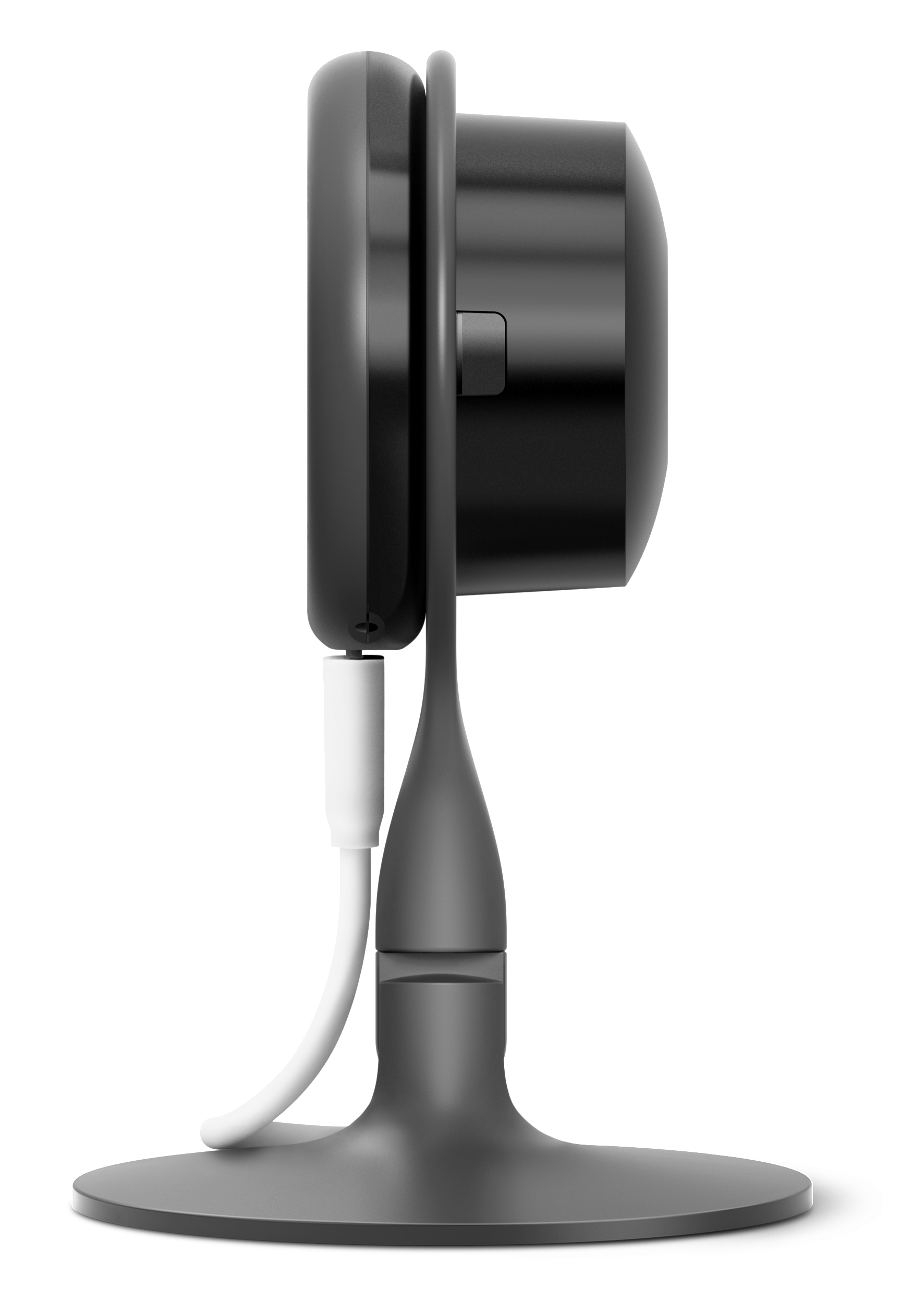 Schwarze Überwachungskamera mit weißem Kabel und Ständer.