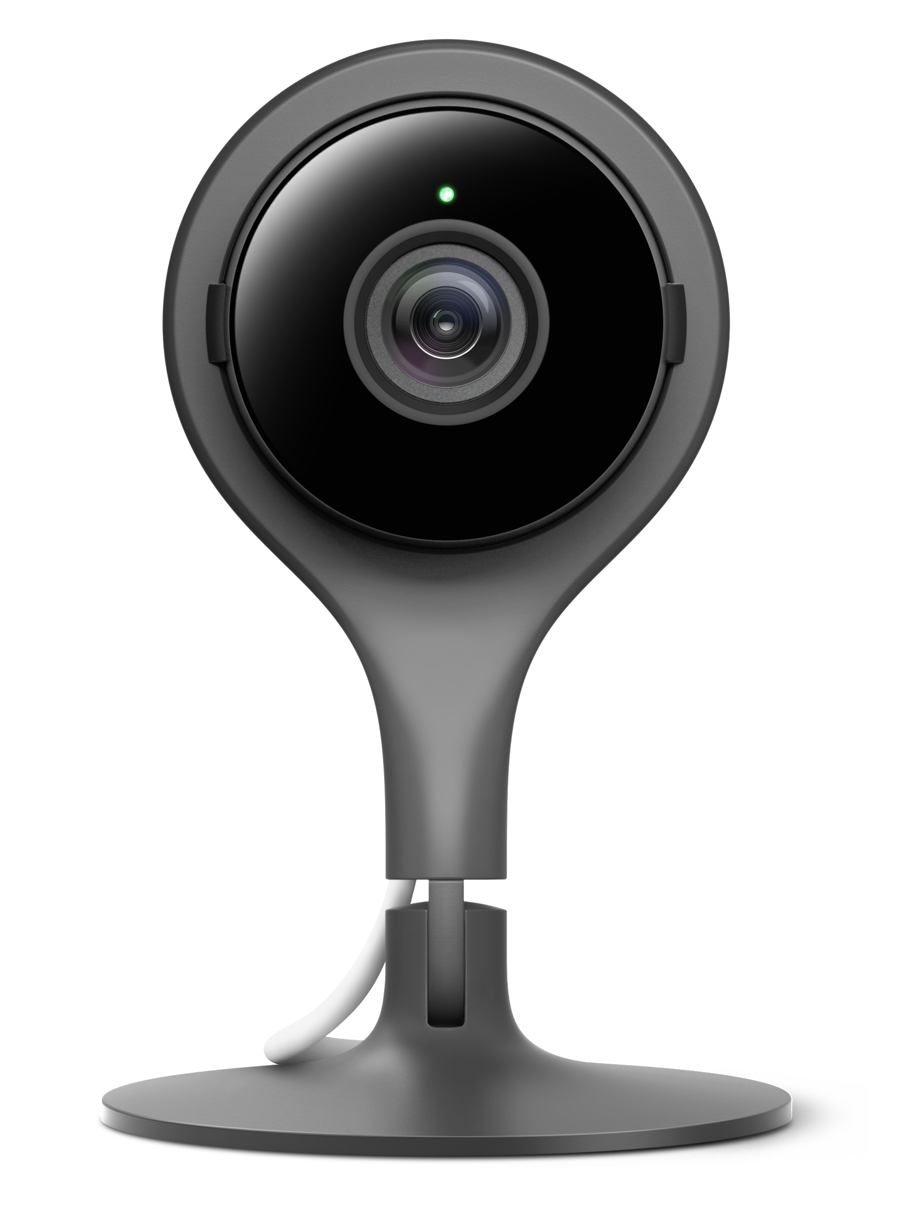 Graue Google Nest Sicherheitskamera auf weißem Hintergrund.