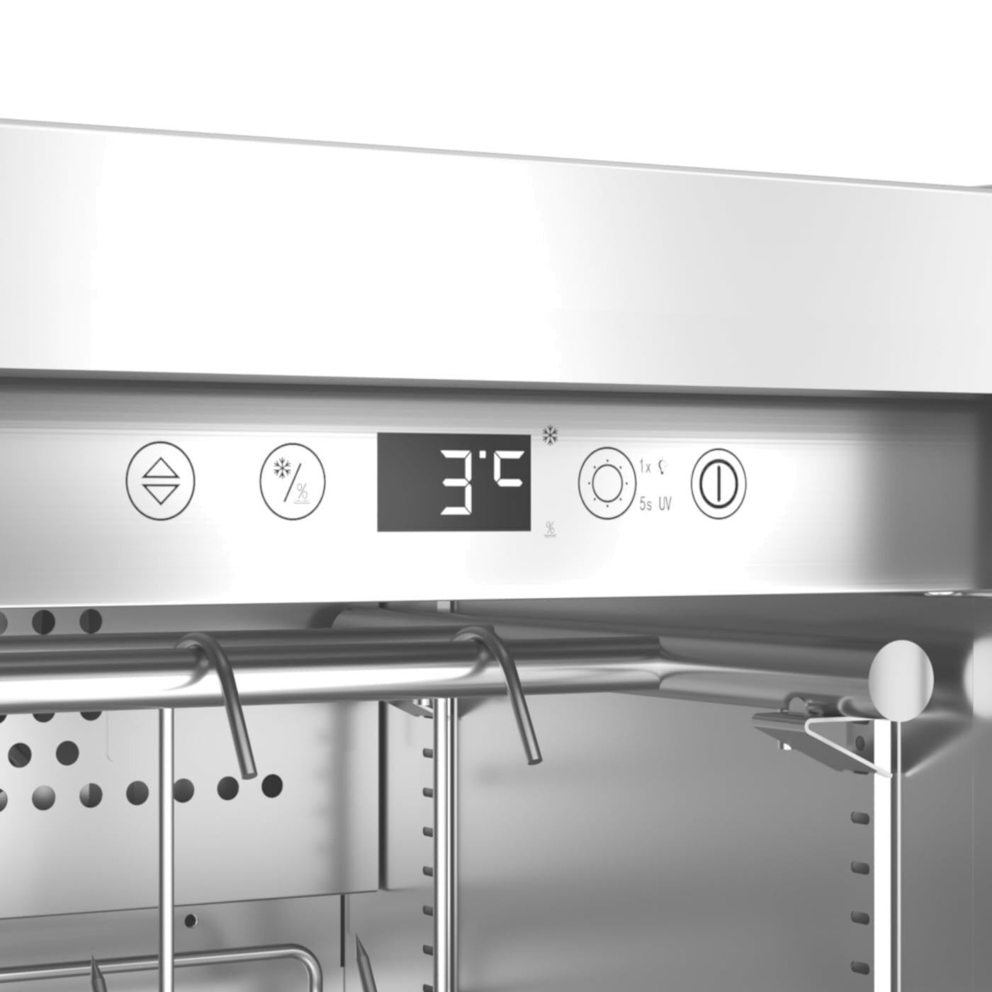 Eine Anzeige eines Edelstahlgeräts. Die Anzeige zeigt 3,7 Grad Celsius.