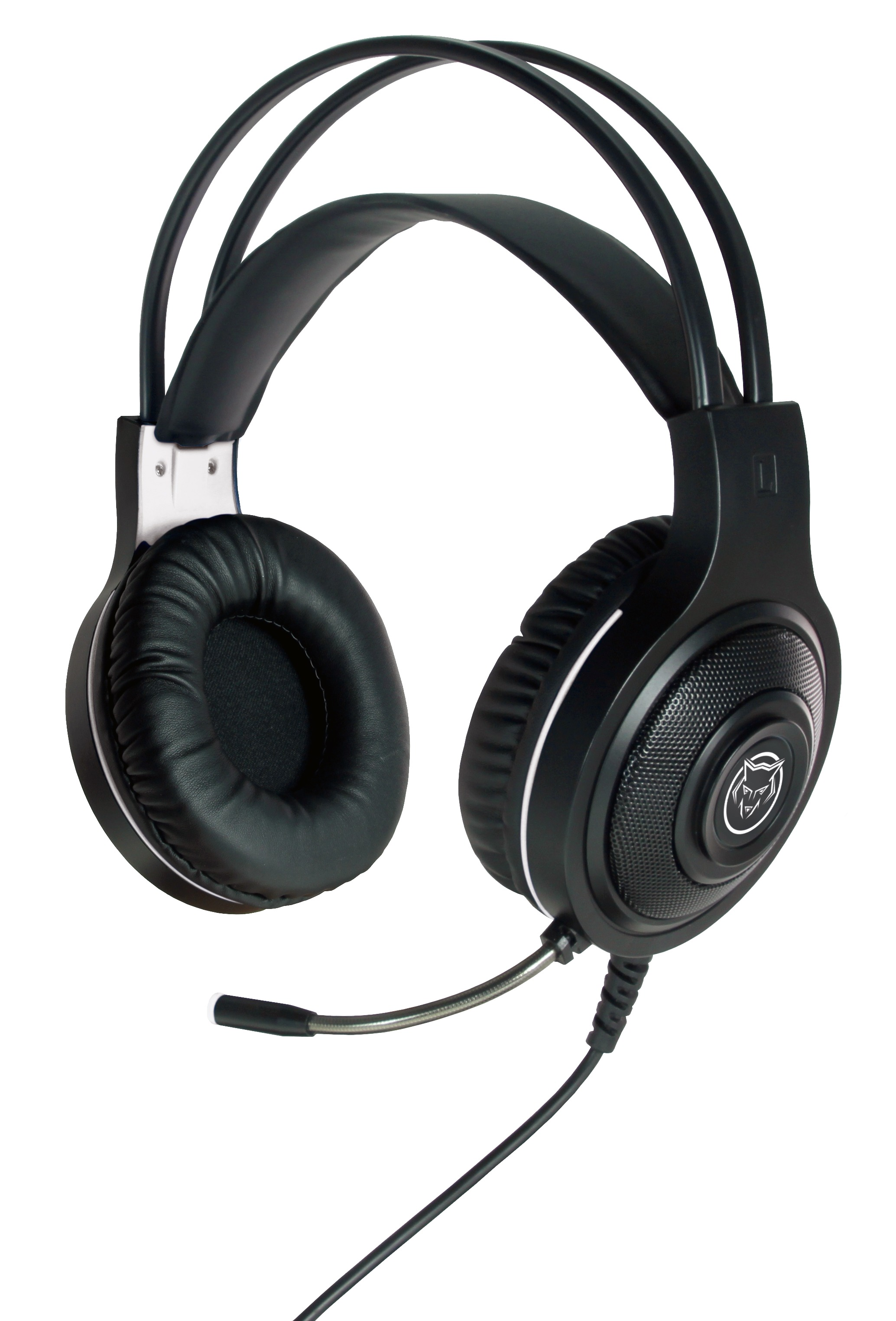 Black gaming headset with a microphone and white accents.