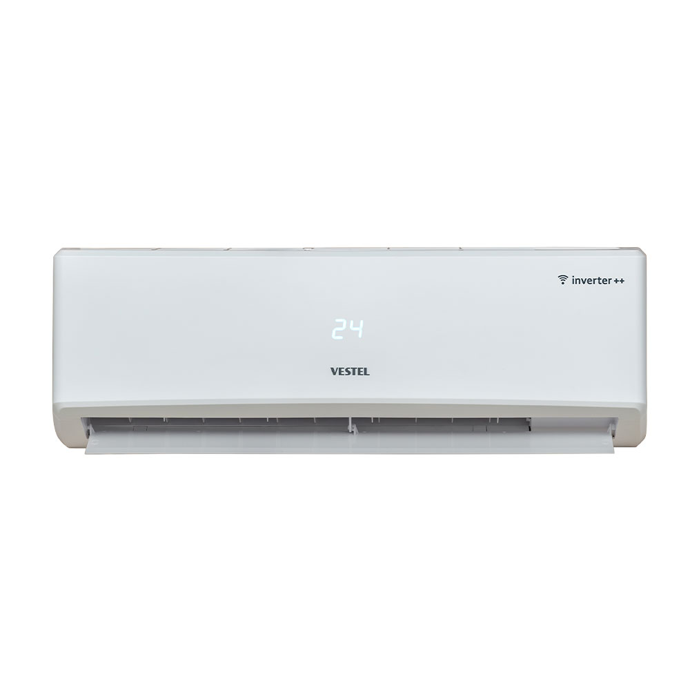 Beyaz Vestel klima 24 derece gösteriyor. Inverter++ özelliğine sahip.