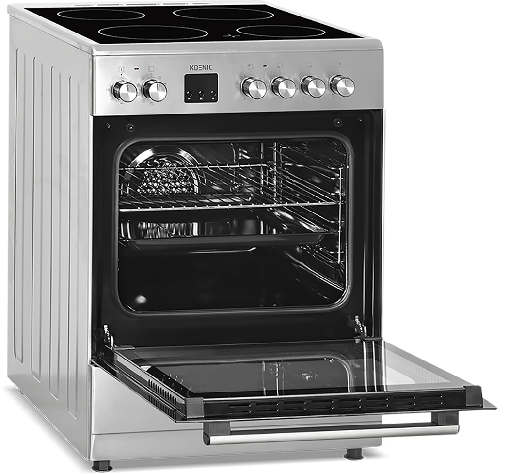 A stainless steel oven with the door open, showing the inside.