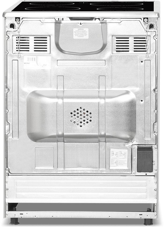 The back of a white electric stove with ventilation grills, a large metal panel, and a power cord.