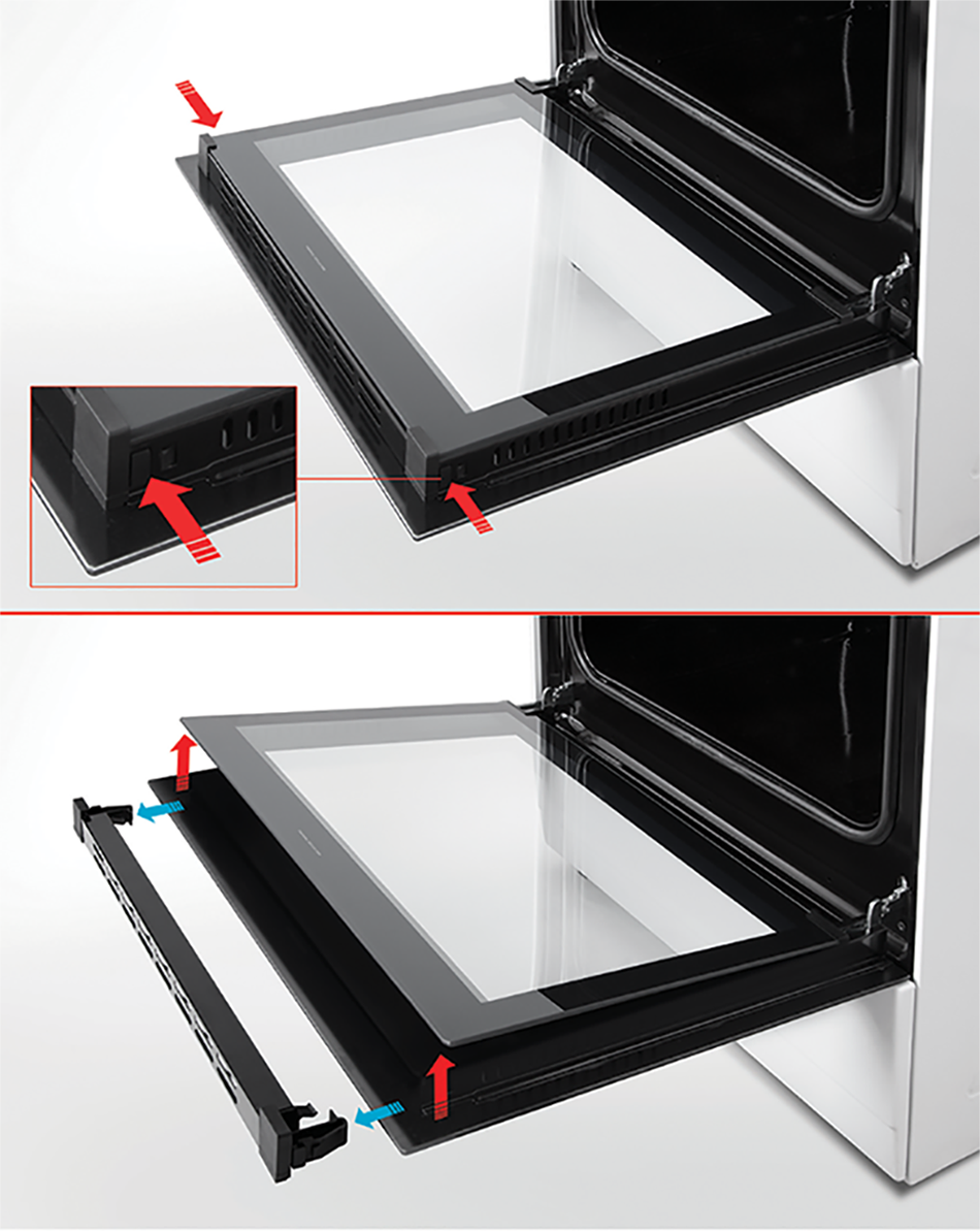 Oven door removal process. Arrows indicate the steps. Glass panel, black frame, white oven.