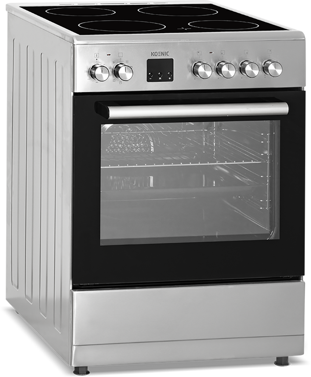 Silver and black Koenic electric oven. It has a glass door and a cooking surface.