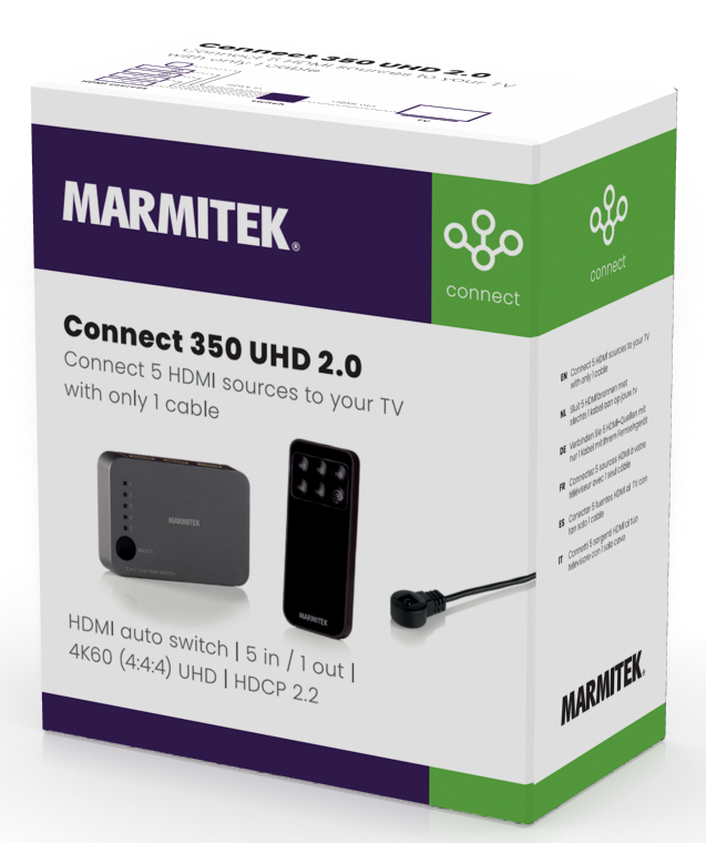 A box with the text: Connect 350 UHD 2.0, with a black switch and remote.