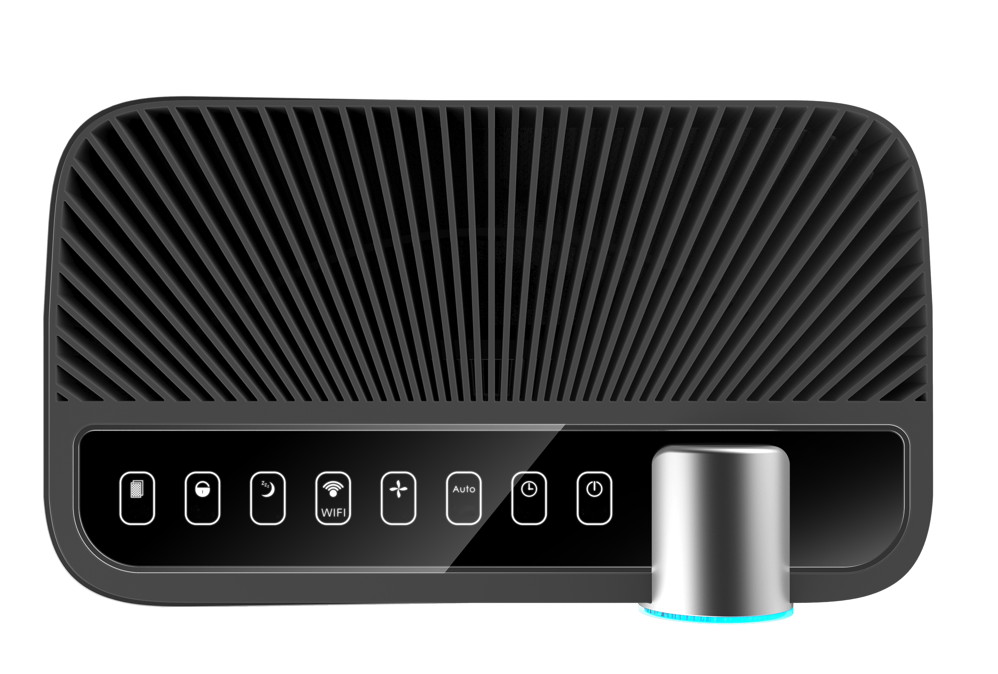 Schwarzer Router mit mehreren Symbolen und einem zylindrischen silberfarbenen Gerät rechts.