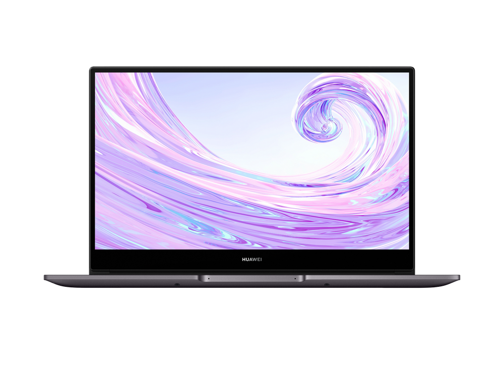 Pantalla de portátil con un diseño abstracto morado y blanco.
