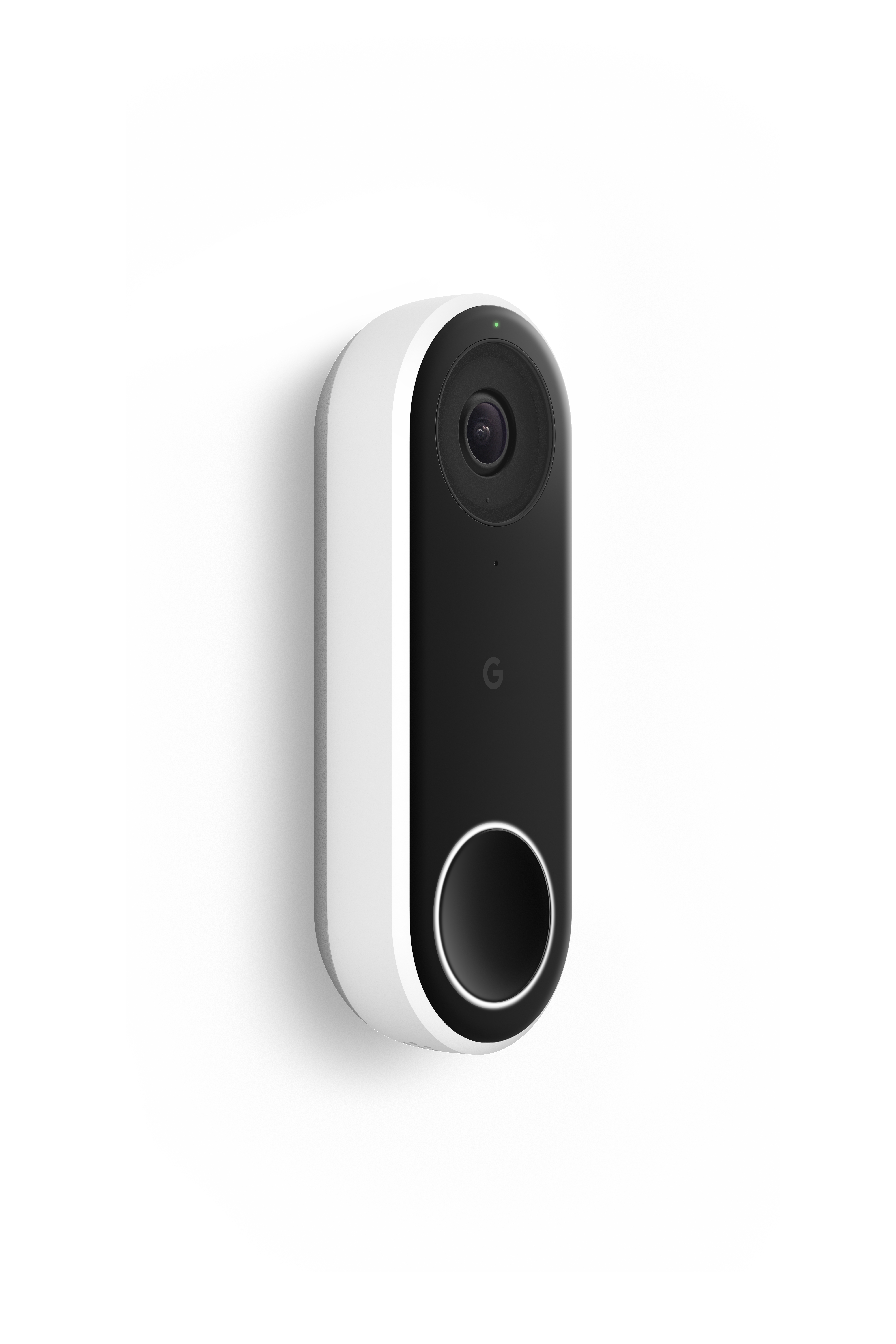Eine weiße und schwarze Google Nest Türklingel an einer weißen Wand montiert.