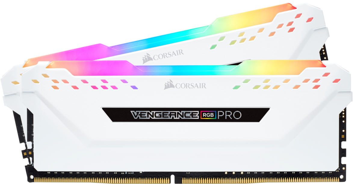 Due moduli RAM Corsair Vengeance RGB Pro bianchi con illuminazione LED colorata sulla parte superiore.
