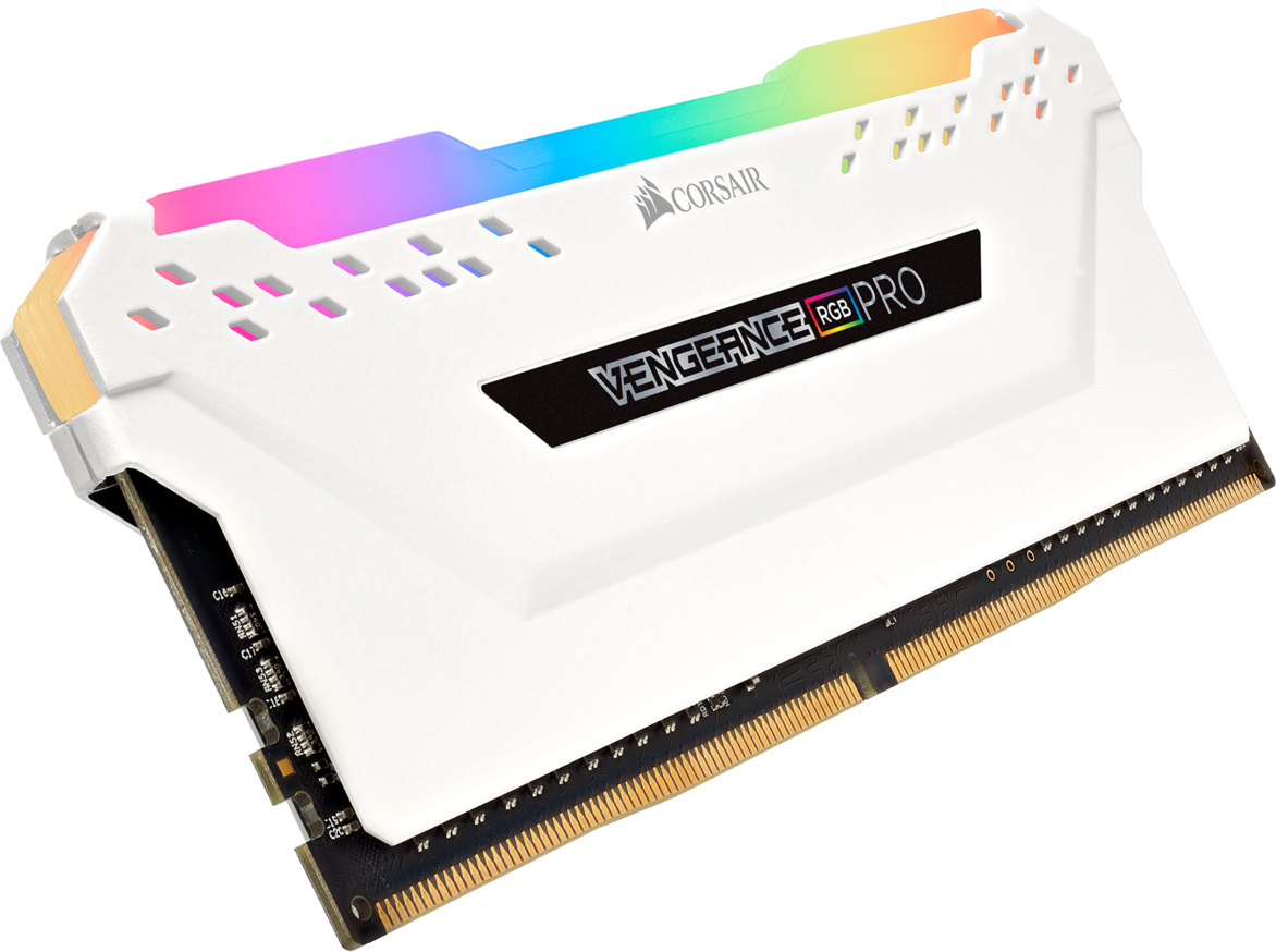 Un modulo di memoria RAM bianco con illuminazione RGB. Etichetta Corsair Vengeance RGB Pro.