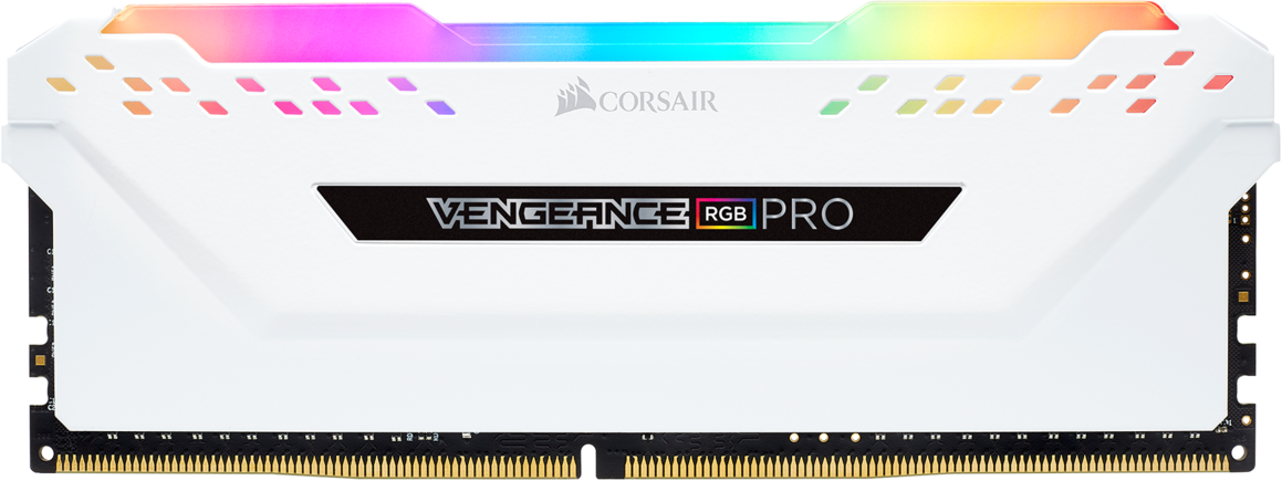 Un modulo RAM bianco con il testo 'VENGEANCE RGB PRO' e una barra luminosa colorata.