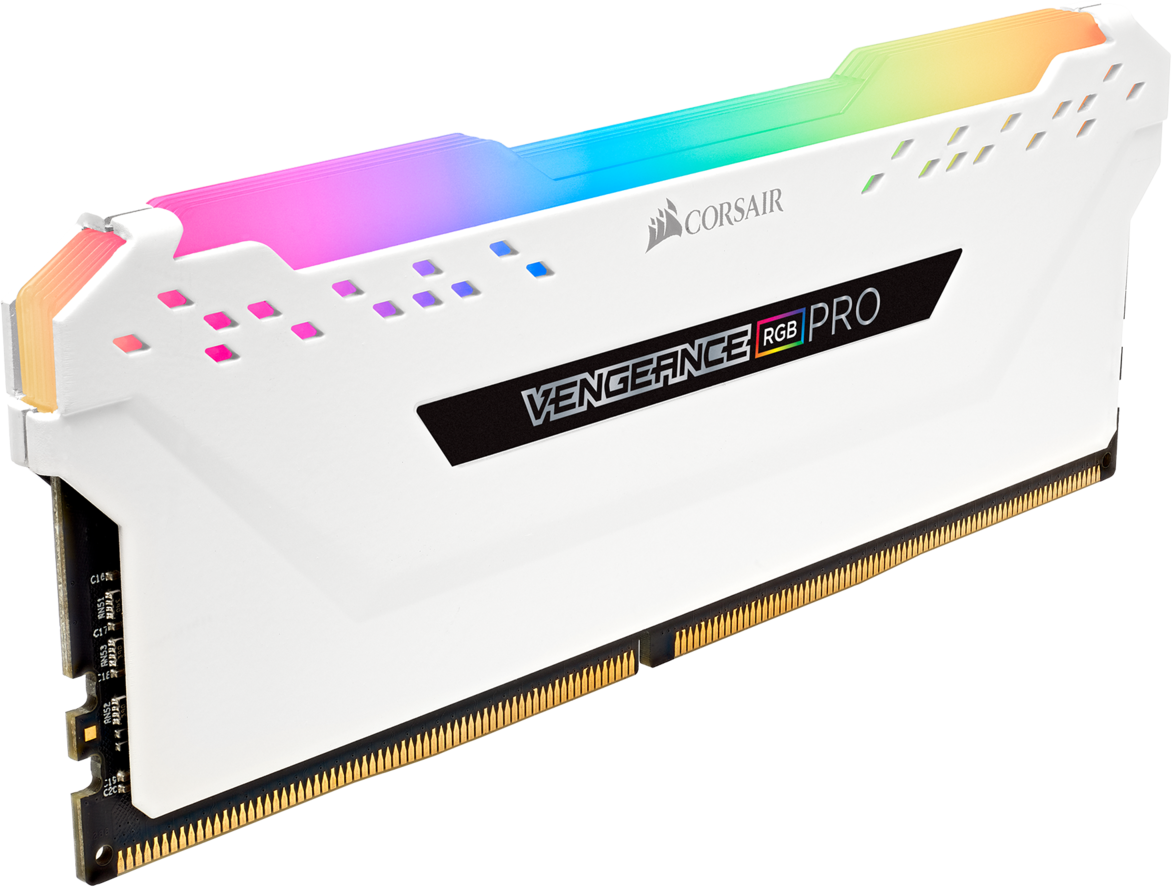 Un modulo RAM Corsair Vengeance RGB Pro bianco, con una striscia luminosa colorata.