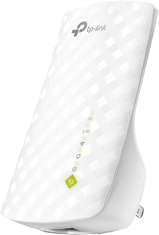 Fehér TP-Link Wi-Fi hatótávolság-növelő. Hálózati csatlakozóval és LED-ekkel.