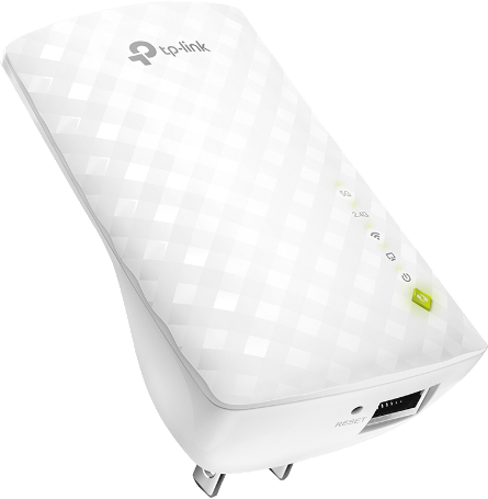 Egy fehér TP-Link Wi-Fi hatótávolság-bővítő csatlakozik egy fali aljzathoz.