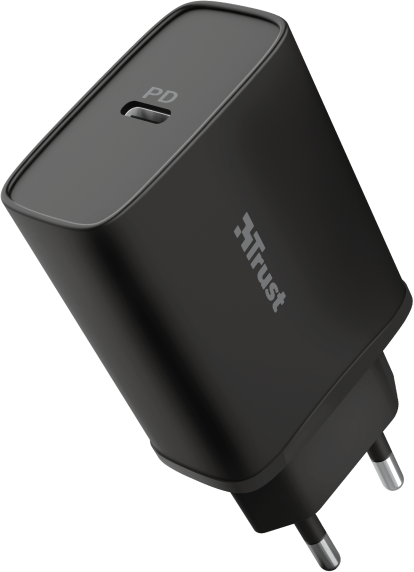 Fekete Trust hálózati adapter USB-C porttal és kétpólusú dugóval.