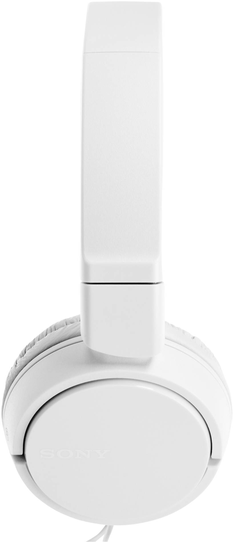 Fehér Sony fejhallgató. A fejhallgató fehér háttéren van, a néző felé néz.