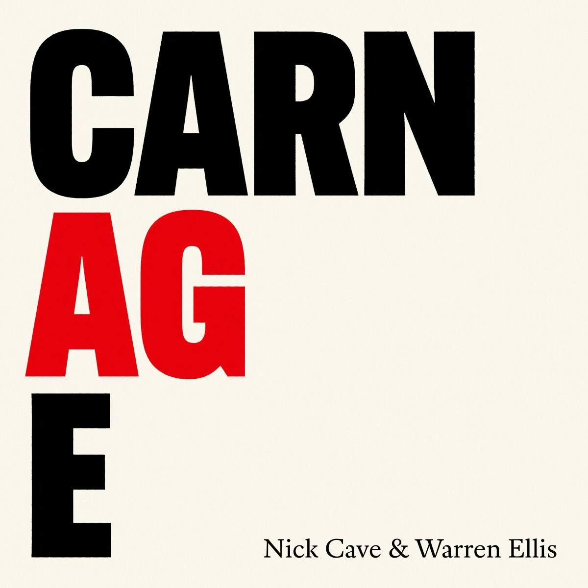 Buchcover für 'Carnage', schwarzer und roter Text auf beigem Hintergrund, von Nick Cave & Warren Ellis.