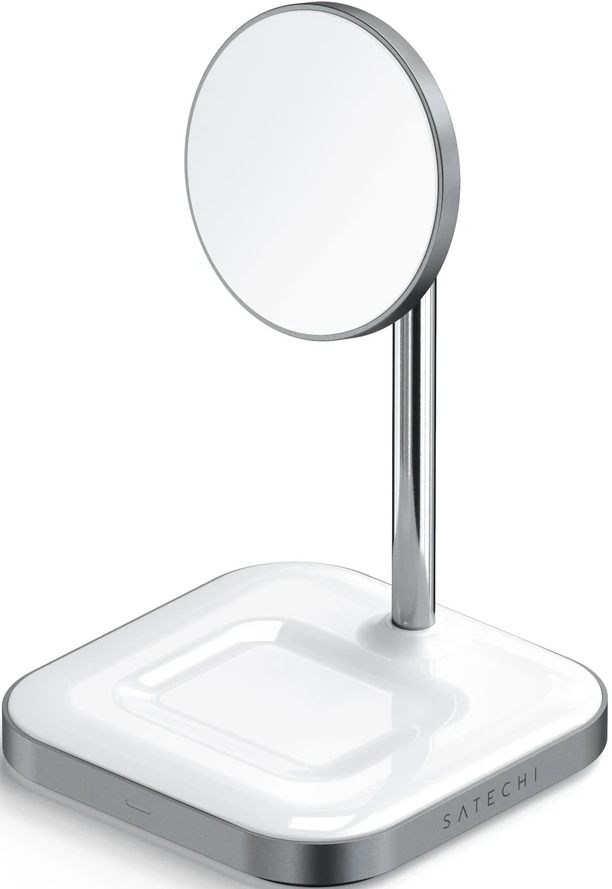 Support de téléphone Satechi blanc et argenté. Support de téléphone circulaire. Base blanche.