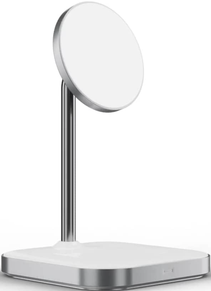Un support blanc avec un disque blanc circulaire sur le dessus. Le support est sur fond blanc. Accents argentés.
