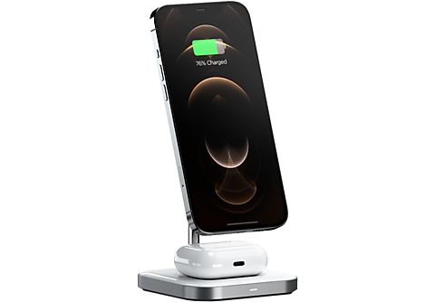 SATECHI 2in1 Magnetic Wireless Charging Stand, iPhone 12/13, AirPods Pro, USB-C, Grau/Weiß