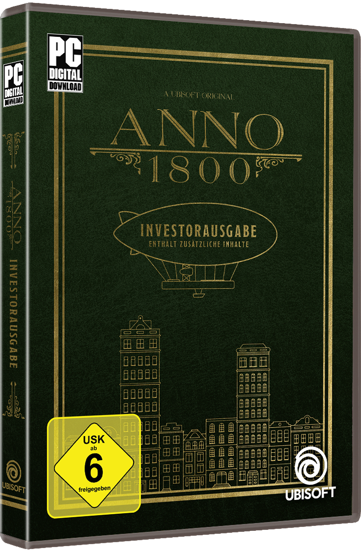 Anno 1800 Investor's Edition PC-Spielbox mit Details und Logo.