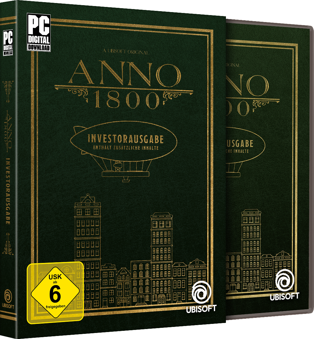 Zwei grüne Spielboxen, Anno 1800 Investor Edition, auf weißem Hintergrund.
