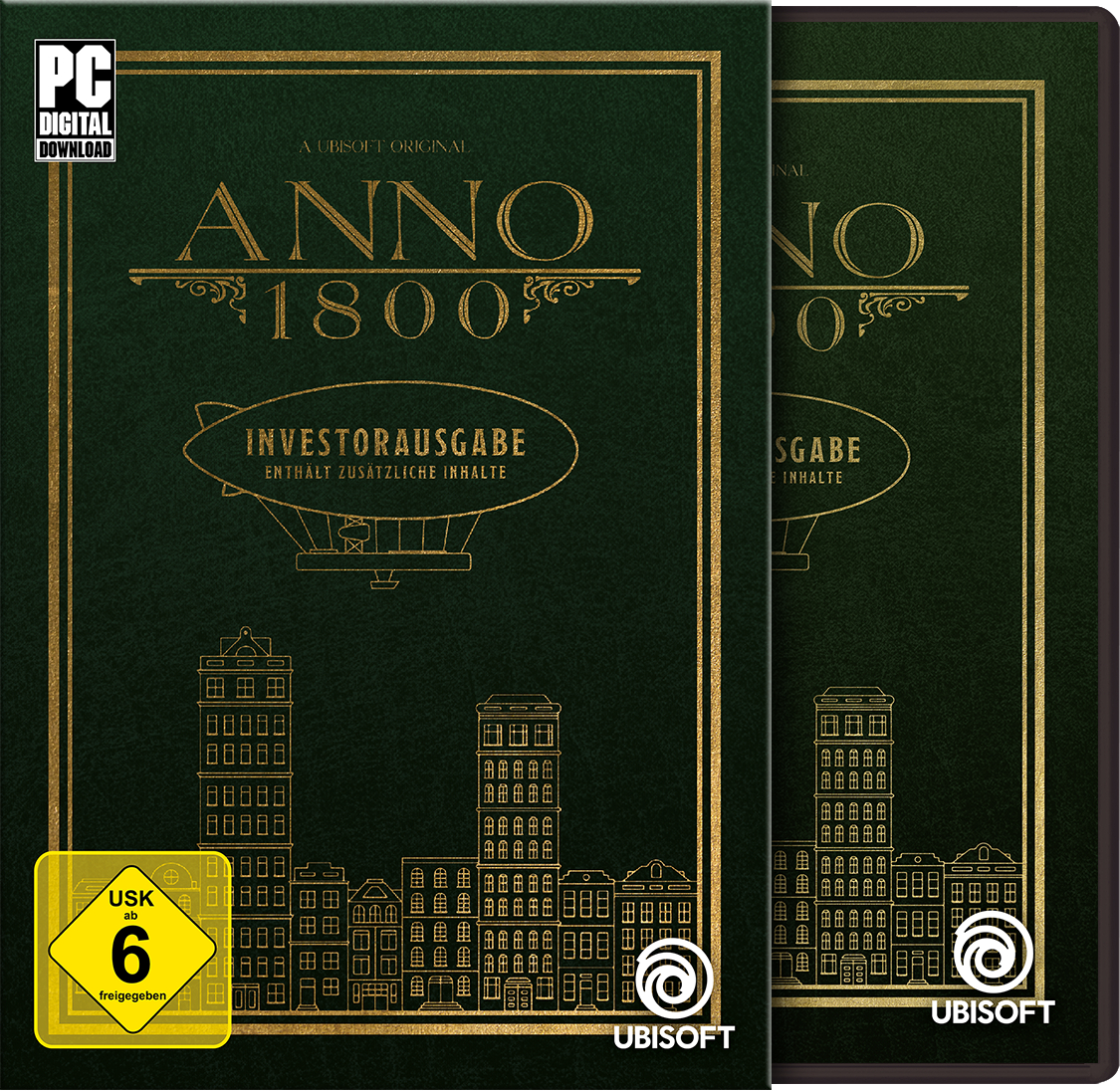 Zwei Anno 1800-Spielboxen. Sie sind grün mit goldenem Text und einer Stadtzeichnung. Das Ubisoft-Logo steht unten.