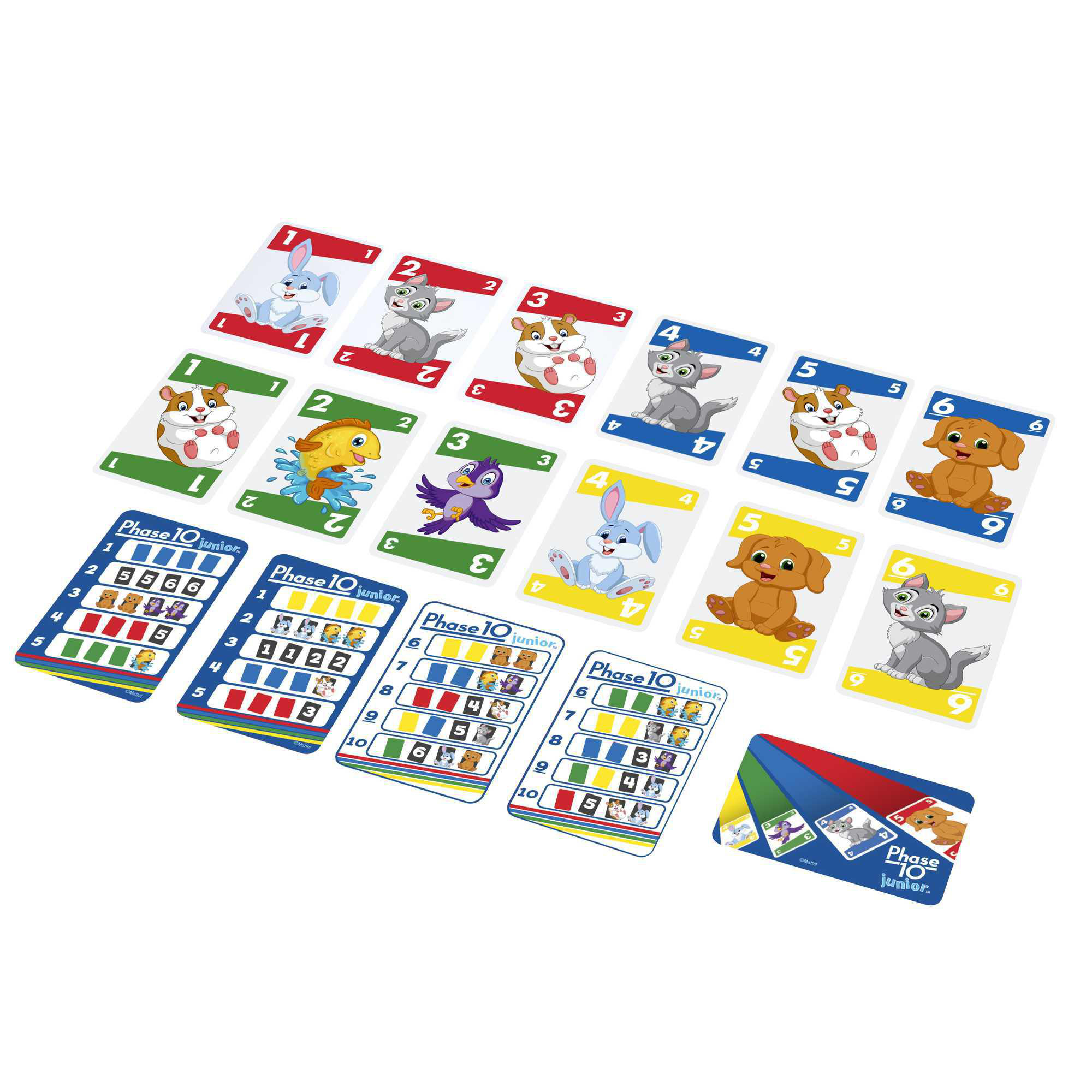Phase 10 Junior Kartenspiel, Karten zeigen Tiere und Zahlen. Weißer Hintergrund.