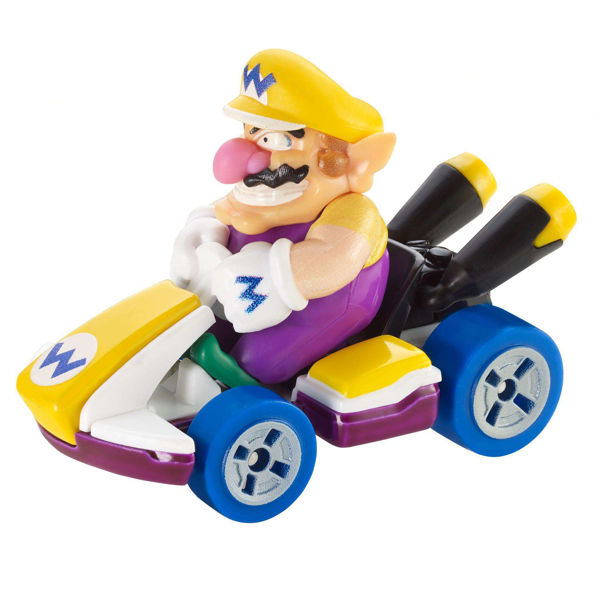 Spielzeug-Wario in einem Kart. Gelbe Mütze, lila Outfit, weiße Handschuhe. Kart ist gelb, weiß und lila, mit blauen Rädern.