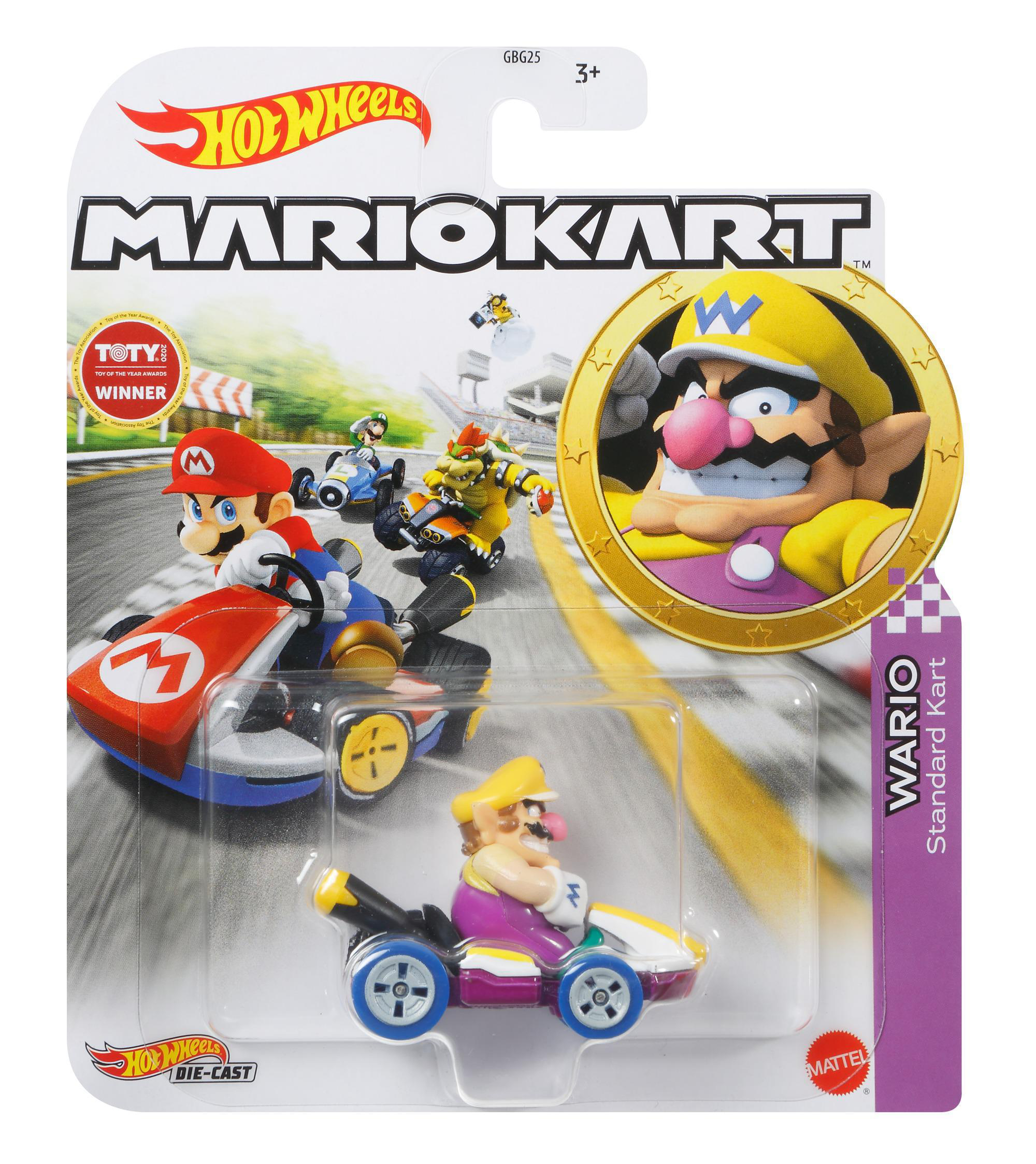 Ein Hot Wheels Mario Kart Spielzeug. Die Verpackung zeigt Mario, Wario und andere Charaktere beim Rennen. Warios Kart steht im Mittelpunkt.