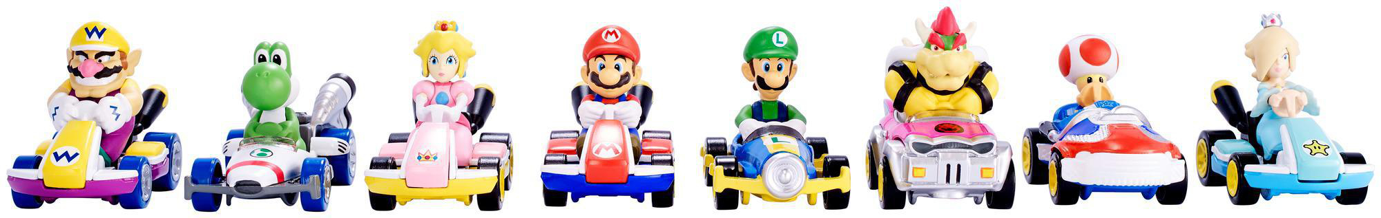 Sammlung von Mario Kart Spielzeugautos mit verschiedenen Charakteren: Wario, Yoshi, Peach, Mario etc.