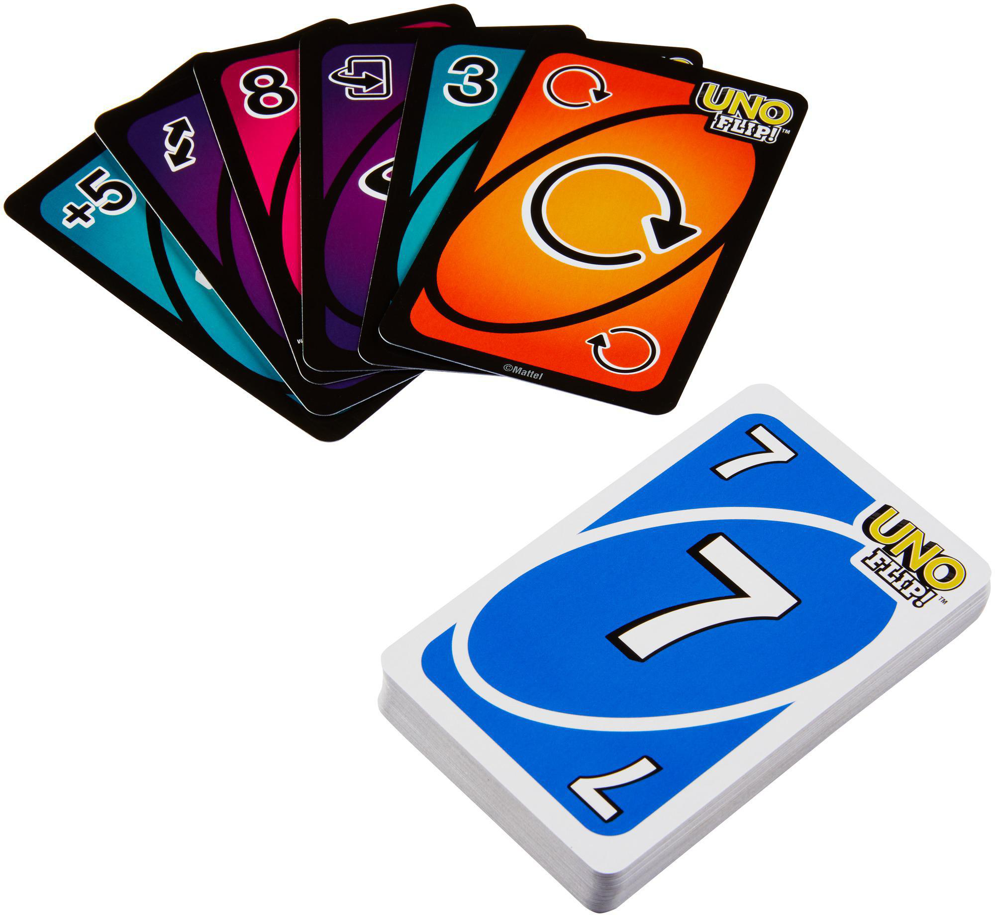 UNO-Karten: mehrere Karten aufgefächert, plus ein blaues Kartenblatt. Zahlen und Symbole sichtbar.