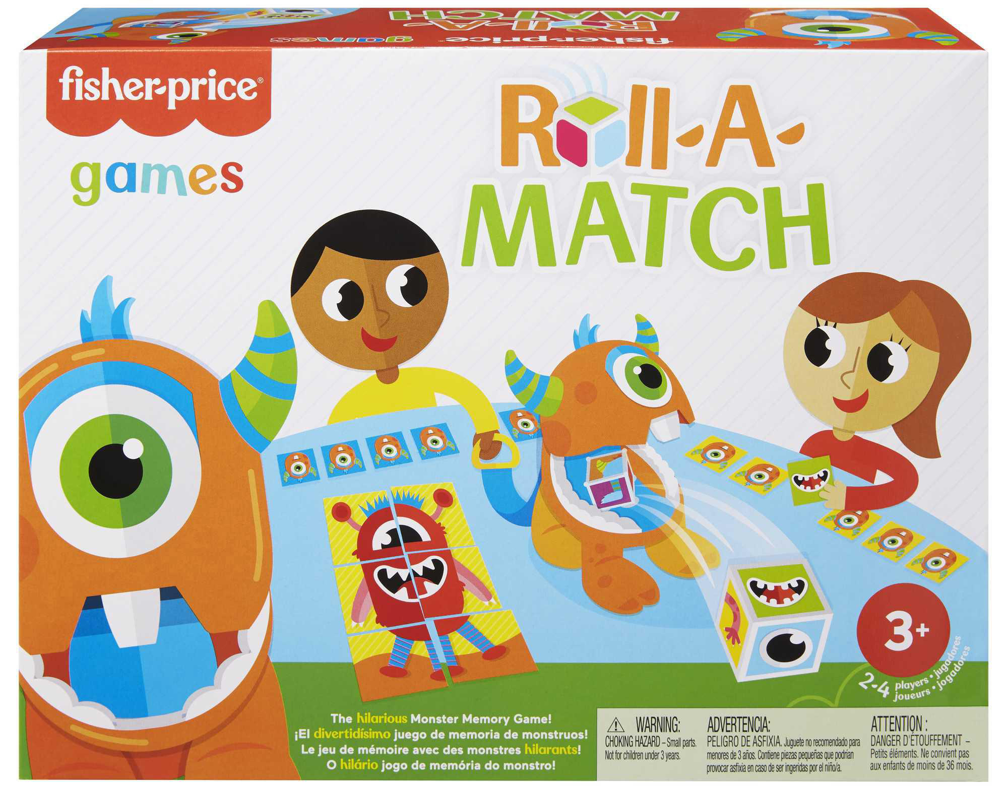 Schachtel des Fisher-Price-Spiels 'Roll-A-Match'. Es zeigt Cartoon-Monster und Kinder beim Spielen. Das Spiel ist für Kinder ab 3 Jahren.