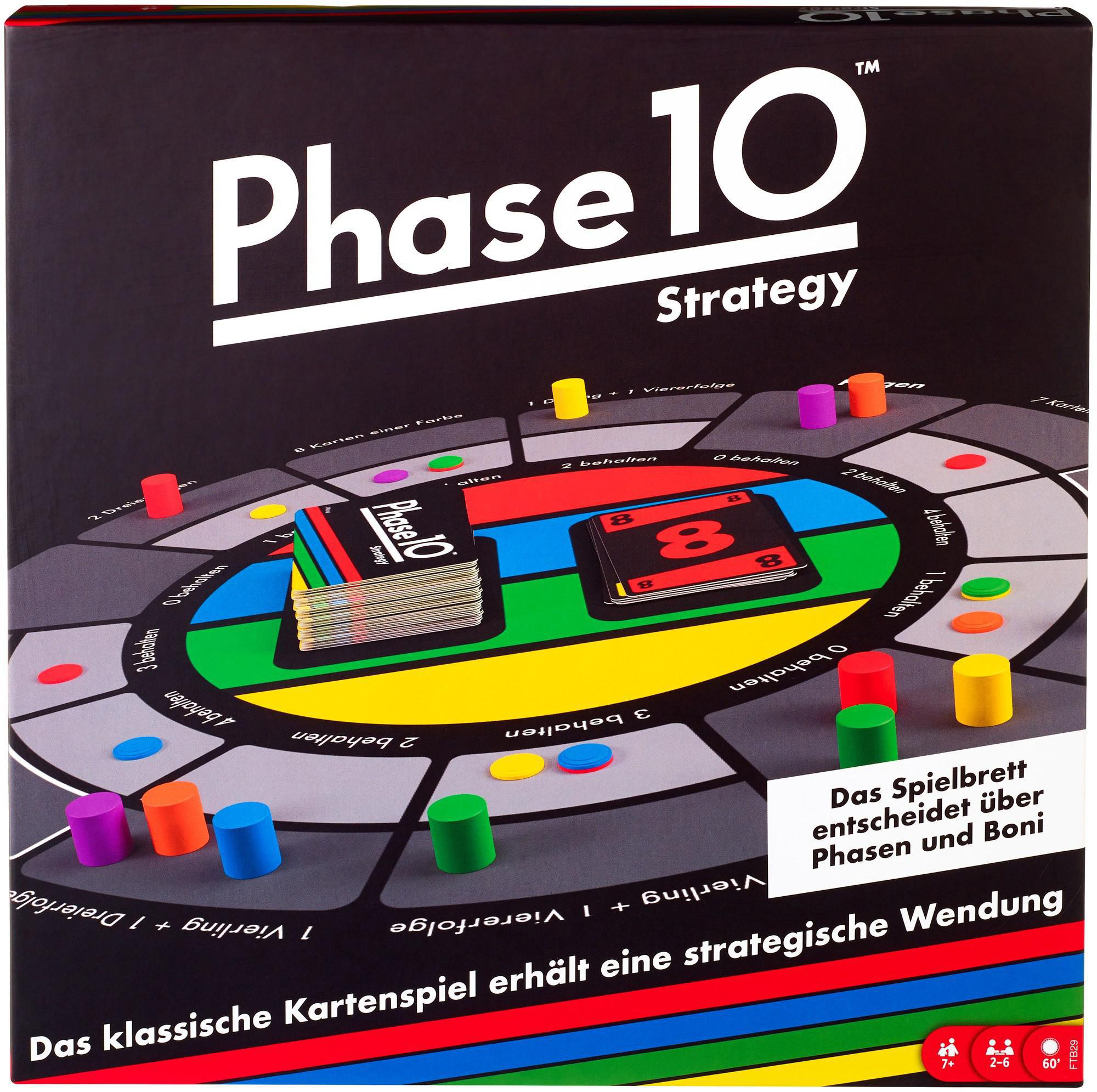 Phase 10 Brettspielbox. Sie zeigt das Spielbrett und die Karten mit dem Spieletitel. Die Box ist dunkel.