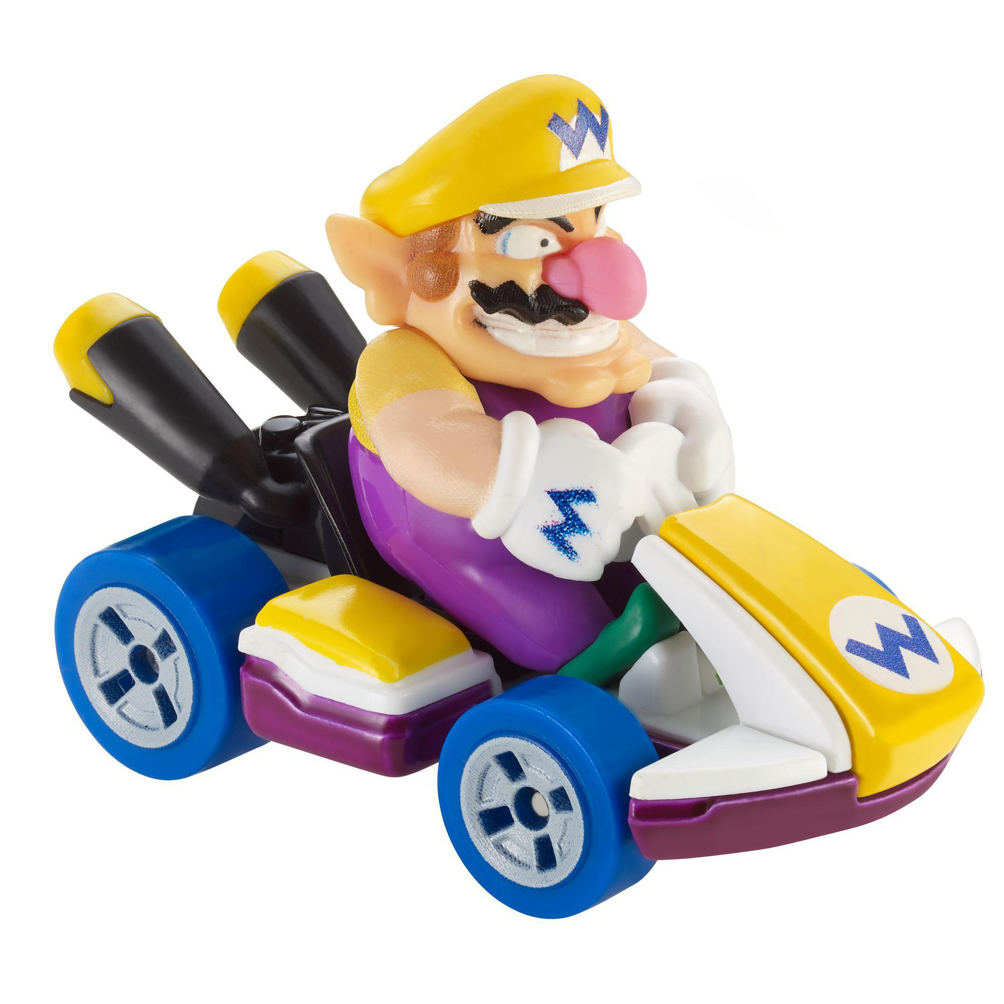 Wario in einem gelben Kart. Er lächelt und trägt einen gelben Hut. Das Kart ist gelb und blau.