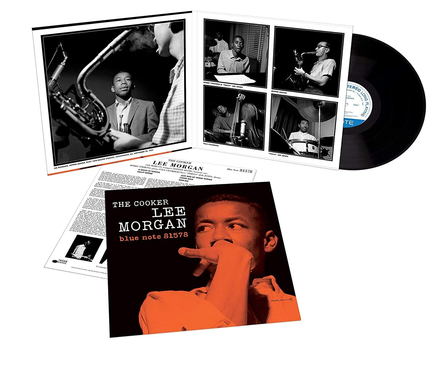 Lee Morgan The Cooker album borítója fekete bakelit lemezzel és szöveggel.