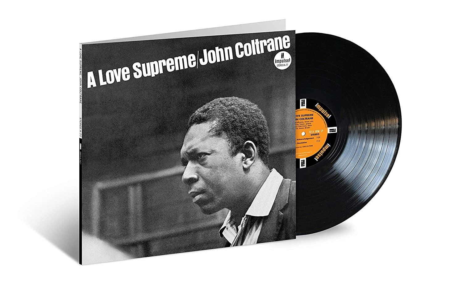 A 'A Love Supreme' album borítója John Coltrane-től és egy bakelit lemez.